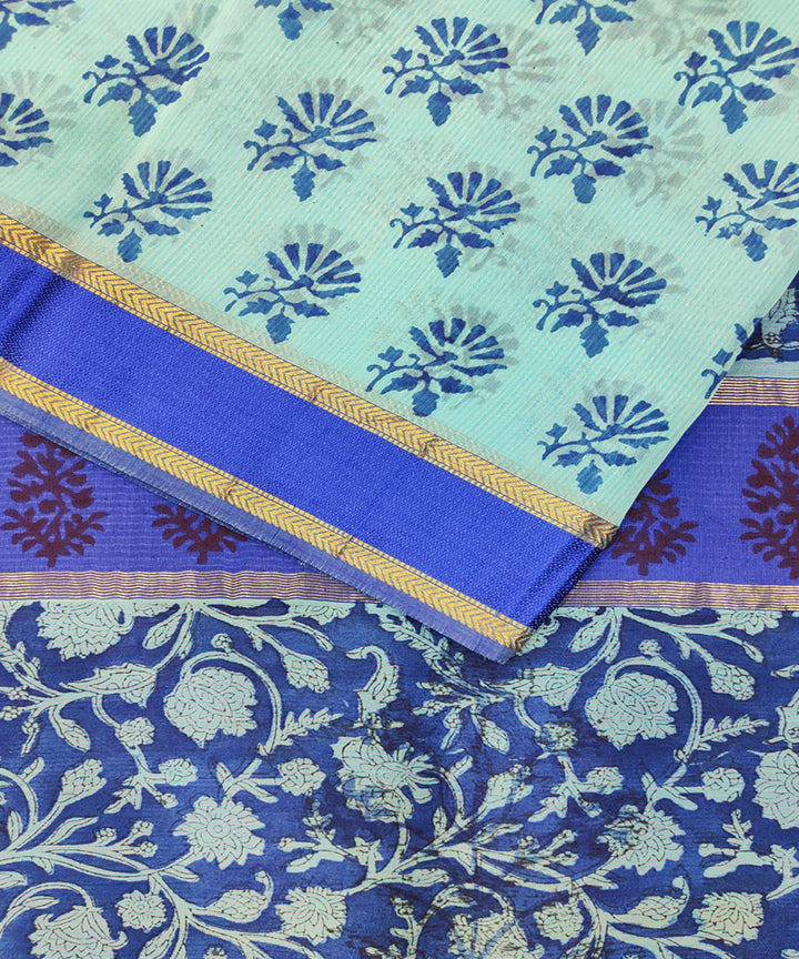 Cyan blue navy hand block printed maheshwari cotton silk saree