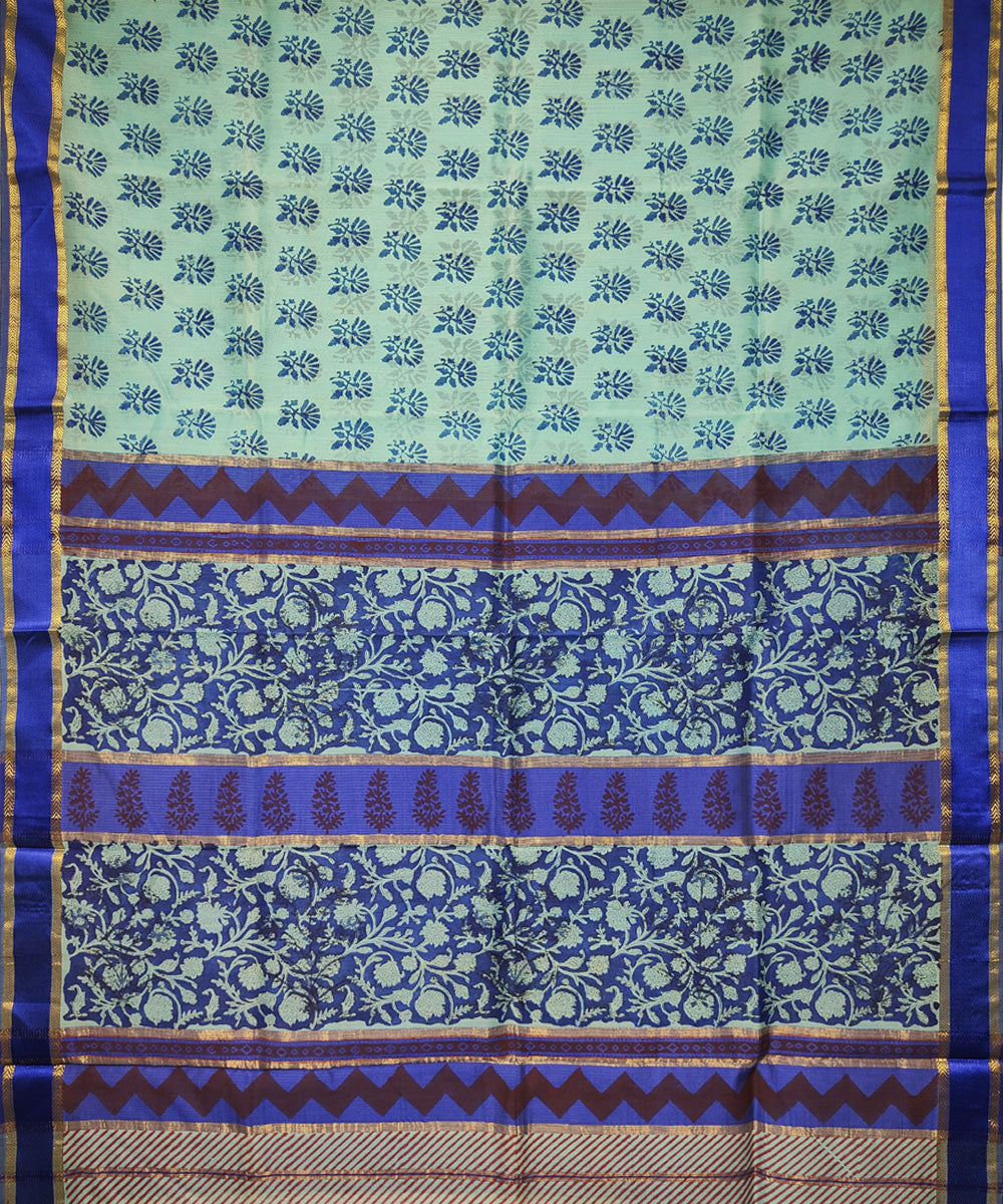 Cyan blue navy hand block printed maheshwari cotton silk saree