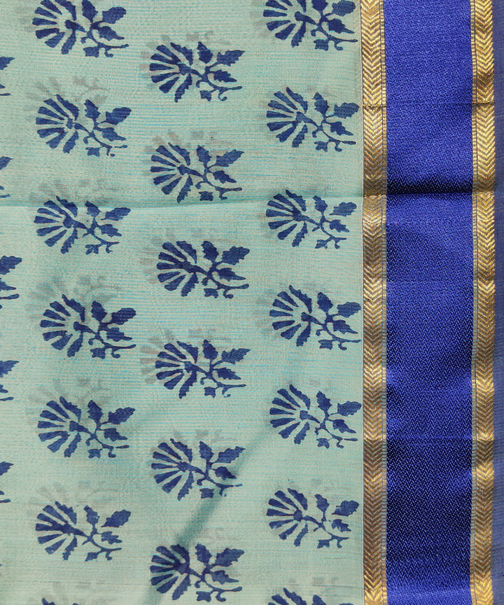 Cyan blue navy hand block printed maheshwari cotton silk saree