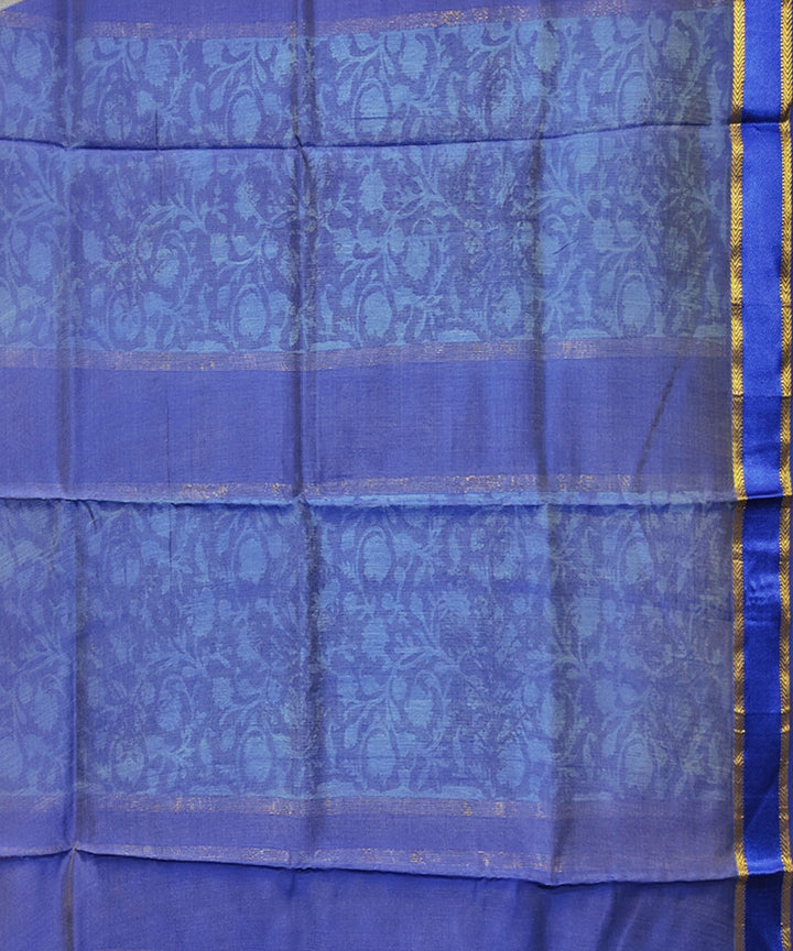 Cyan blue navy hand block printed maheshwari cotton silk saree