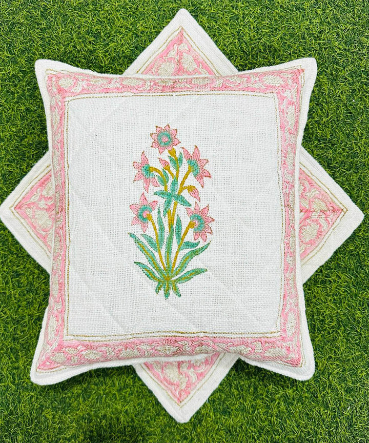 Pink white cotton hand block printed quilted foam cushion cover
