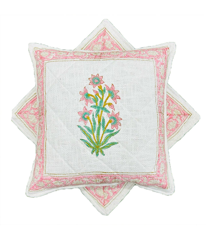 Pink white cotton hand block printed quilted foam cushion cover