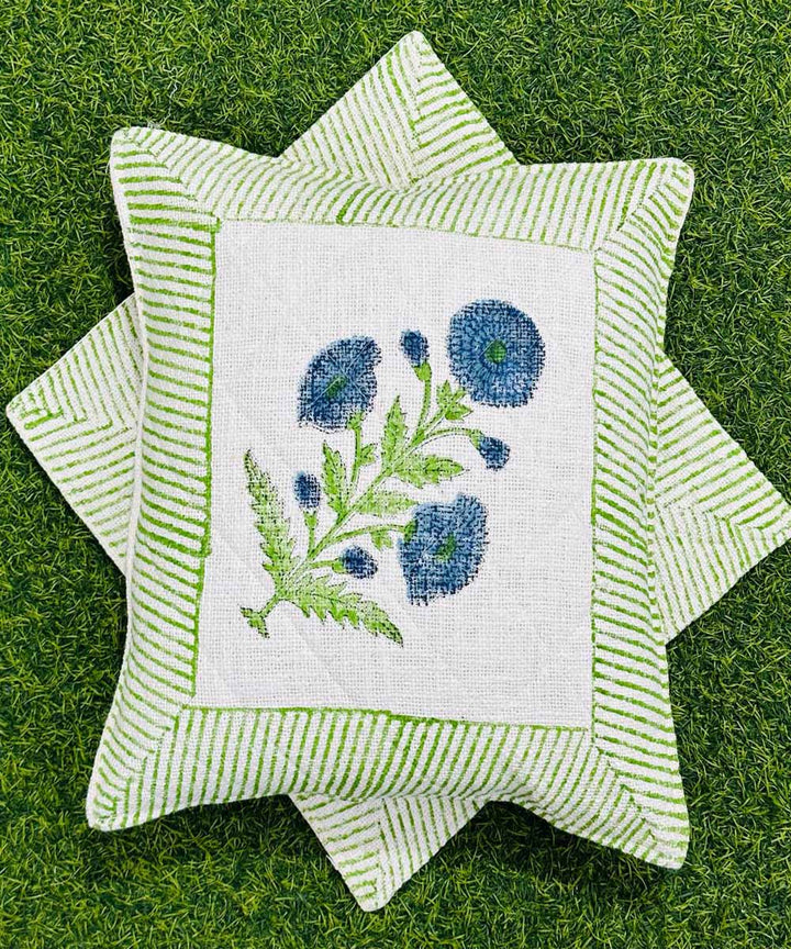 Lime green white hand block printed quilted foam cotton cushion cover