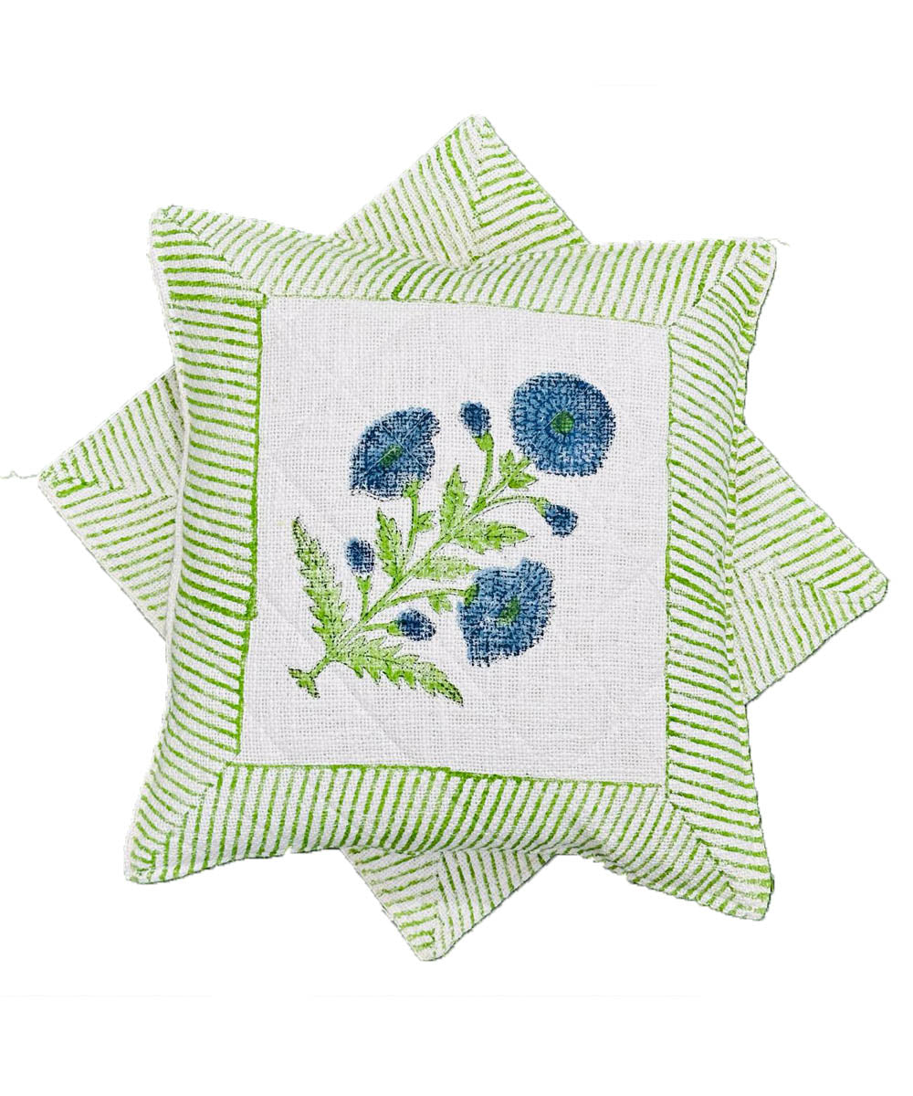 Lime green white hand block printed quilted foam cotton cushion cover
