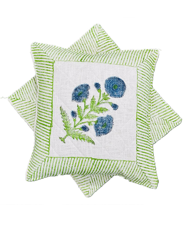 Lime green white hand block printed quilted foam cotton cushion cover