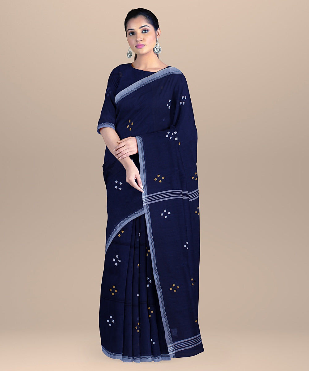 Midnight blue offwhite handloom cotton bengal saree