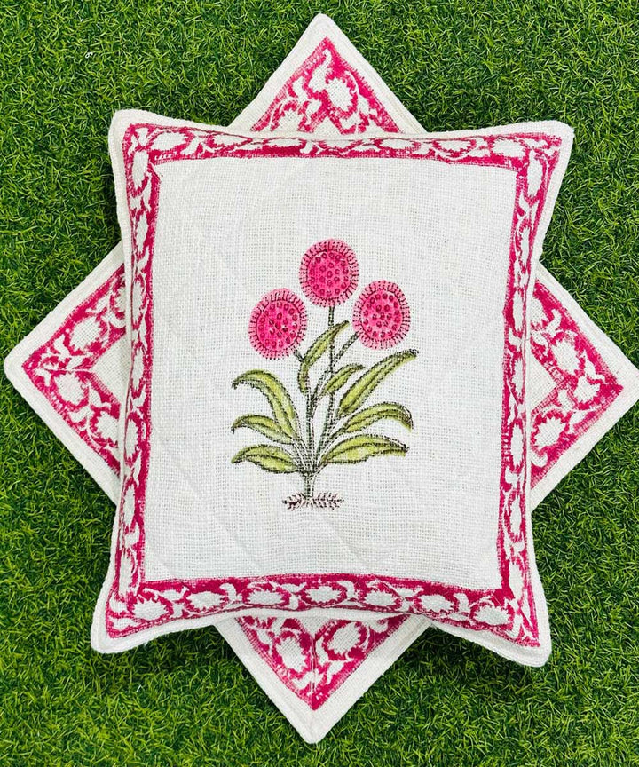 Pink white hand block printed quilted foam cotton cushion cover