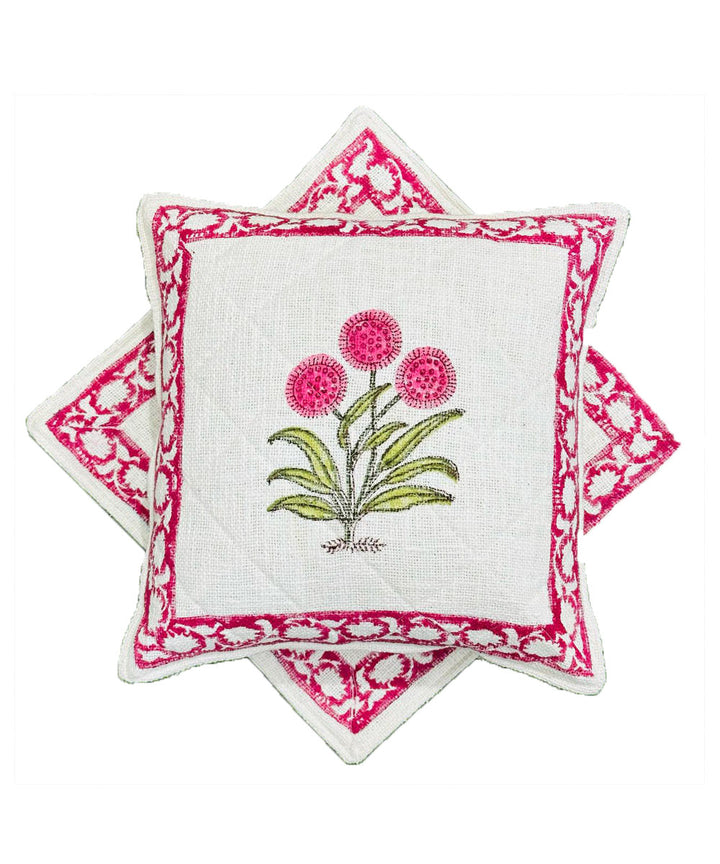 Pink white hand block printed quilted foam cotton cushion cover