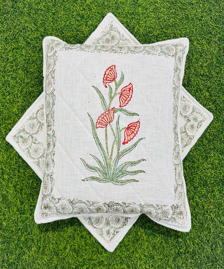 Grey white quilted foam cotton hand block printed cushion cover