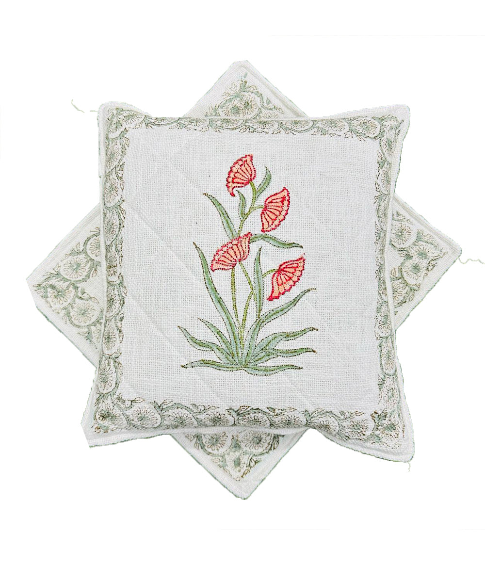 Grey white quilted foam cotton hand block printed cushion cover