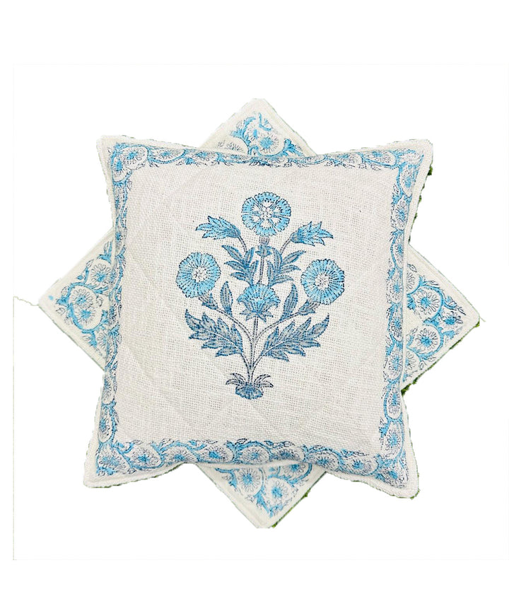 Sky blue white quilted foam hand block printed cotton cushion cover