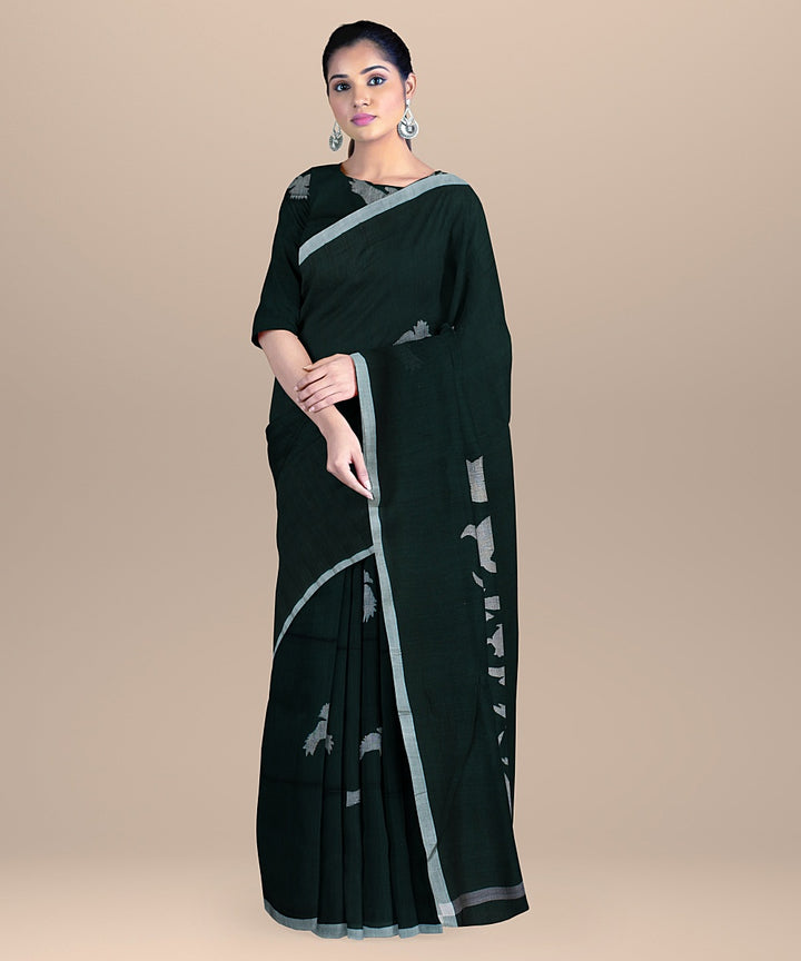 Dark green grey handloom cotton bengal saree