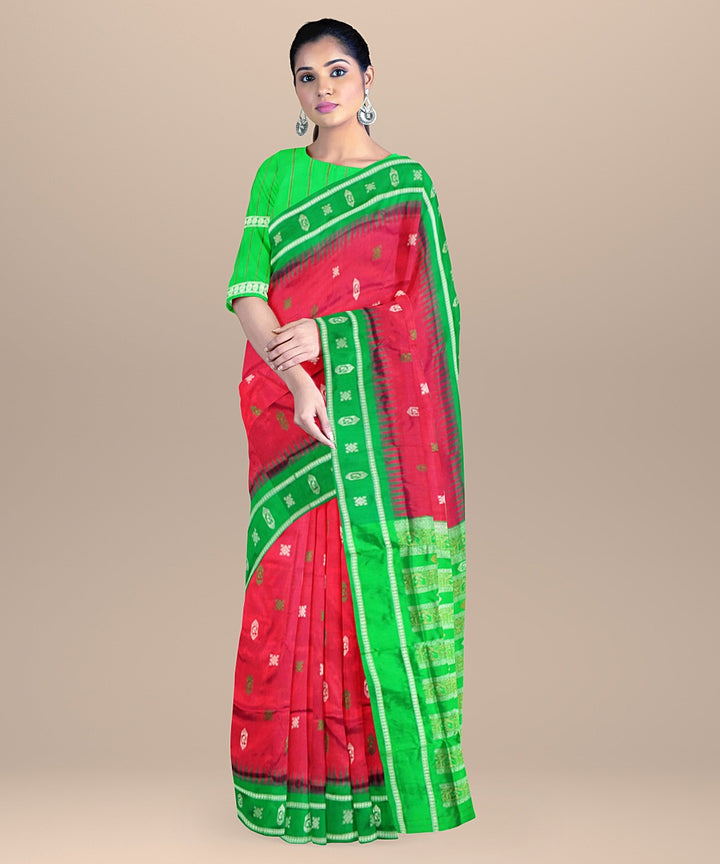 Dark pink green silk handloom bomkai saree