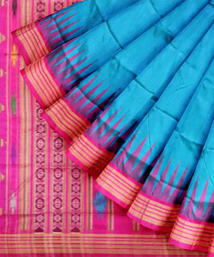 Cyan blue pink silk handwoven bomkai saree