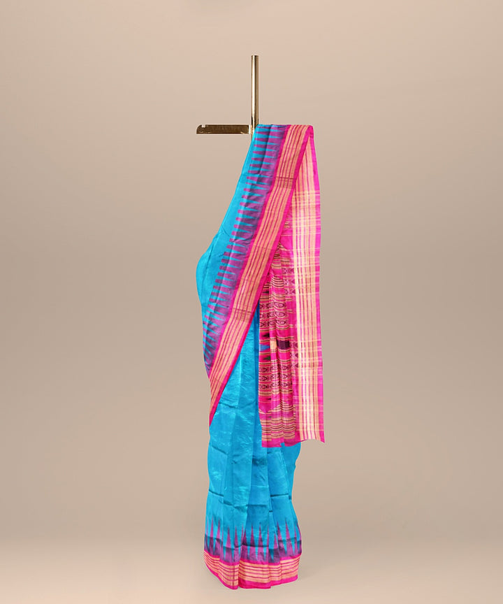 Cyan blue pink silk handwoven bomkai saree