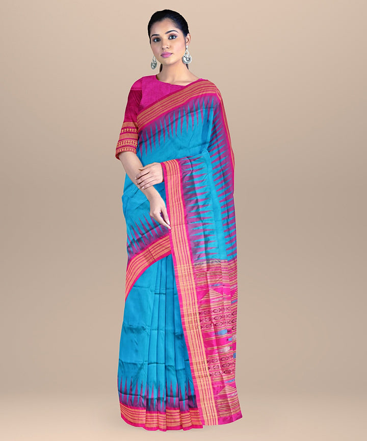 Cyan blue pink silk handwoven bomkai saree