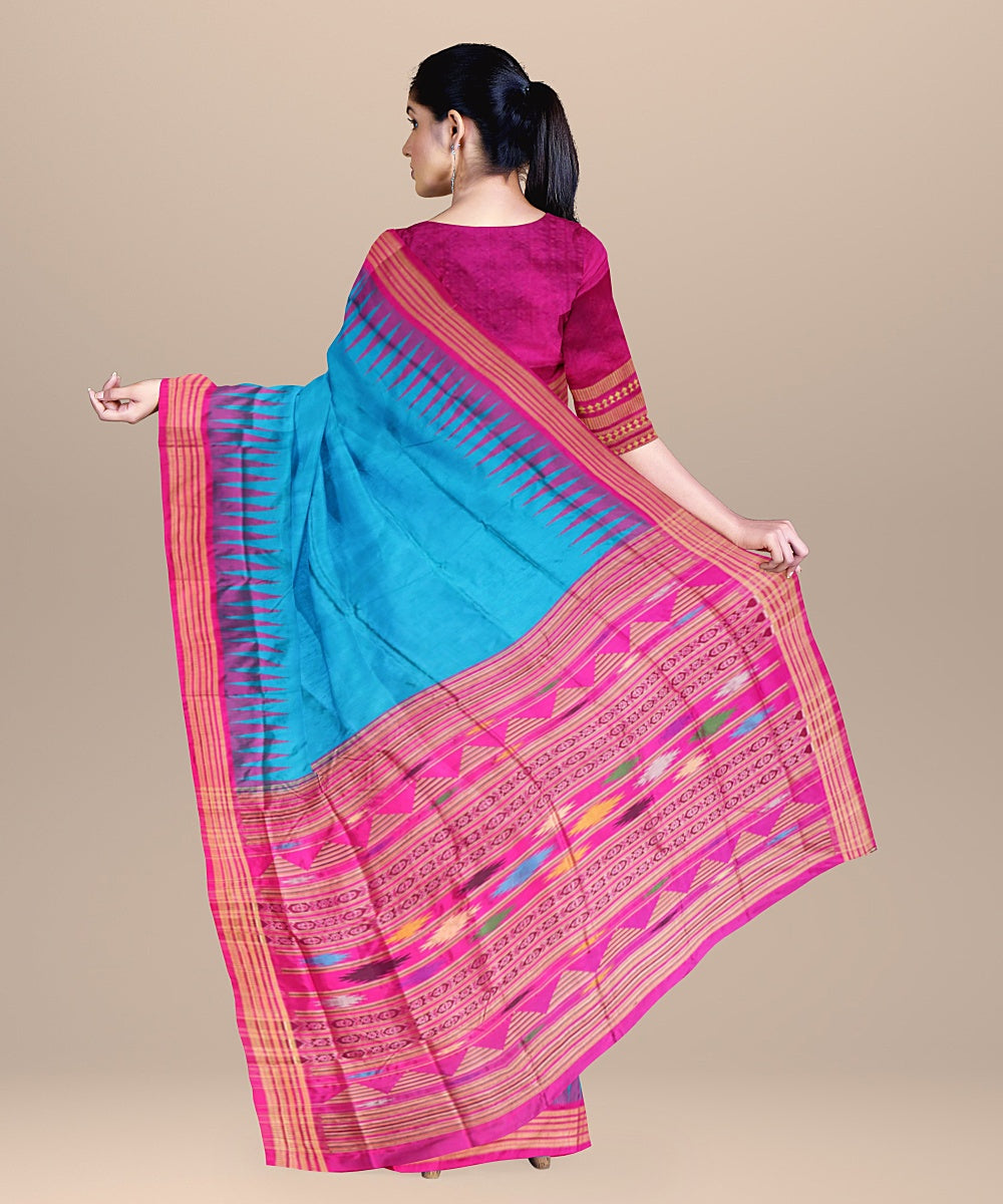 Cyan blue pink silk handwoven bomkai saree