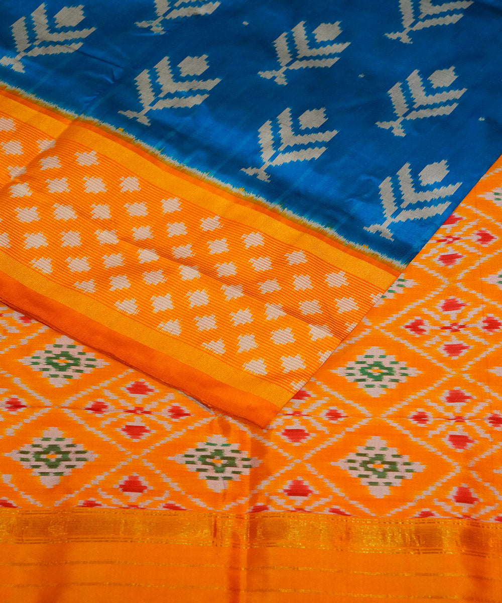 Sky blue yellow handwoven pochampally ikat silk saree