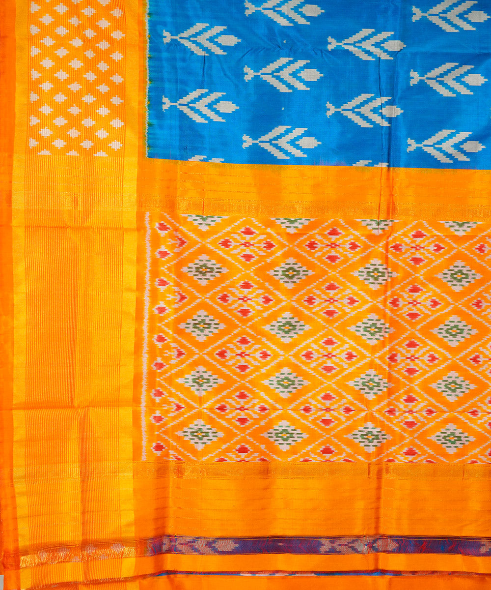 Sky blue yellow handwoven pochampally ikat silk saree