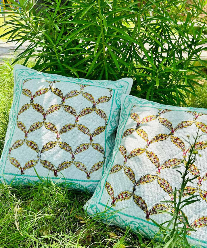 Sky blue brown hand block printed cotton quilted foam cushion cover
