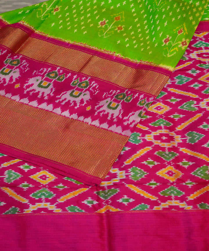 Light green pink handwoven pochampally ikat silk saree