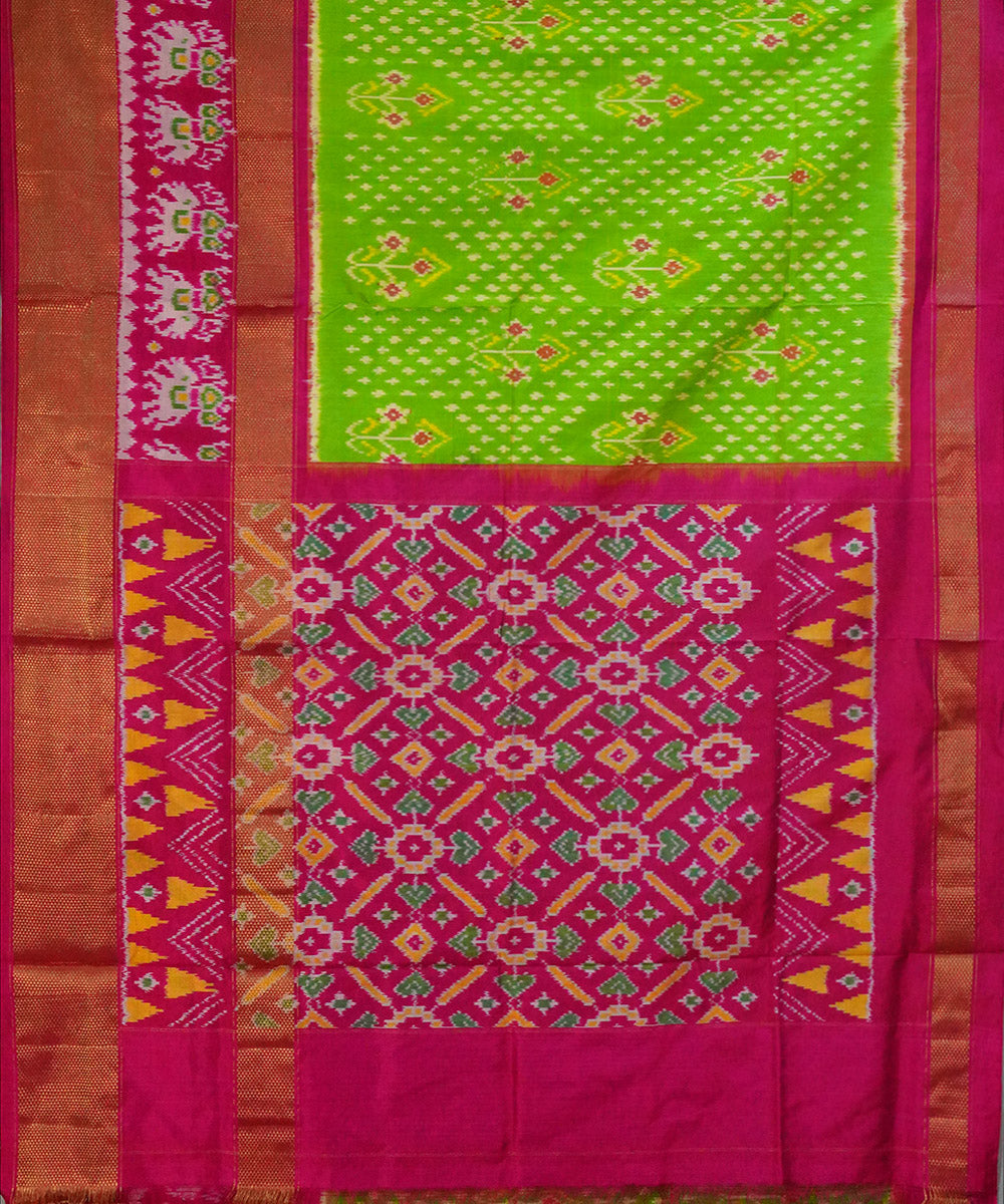 Light green pink handwoven pochampally ikat silk saree
