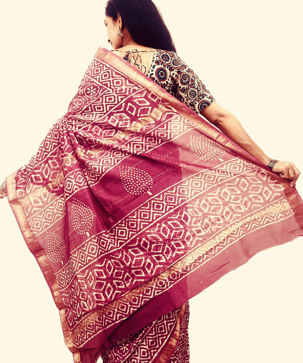Onion pink hand block bagru printed maheswari sico saree