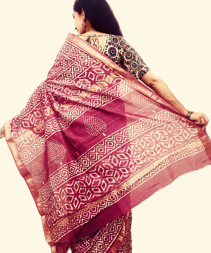 Onion pink hand block bagru printed maheswari sico saree
