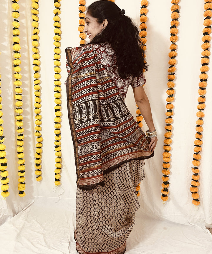 Beige black hand block bagru print chanderi sico saree