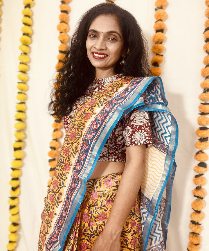 Yellow hand block sanganeri print chanderi sico saree