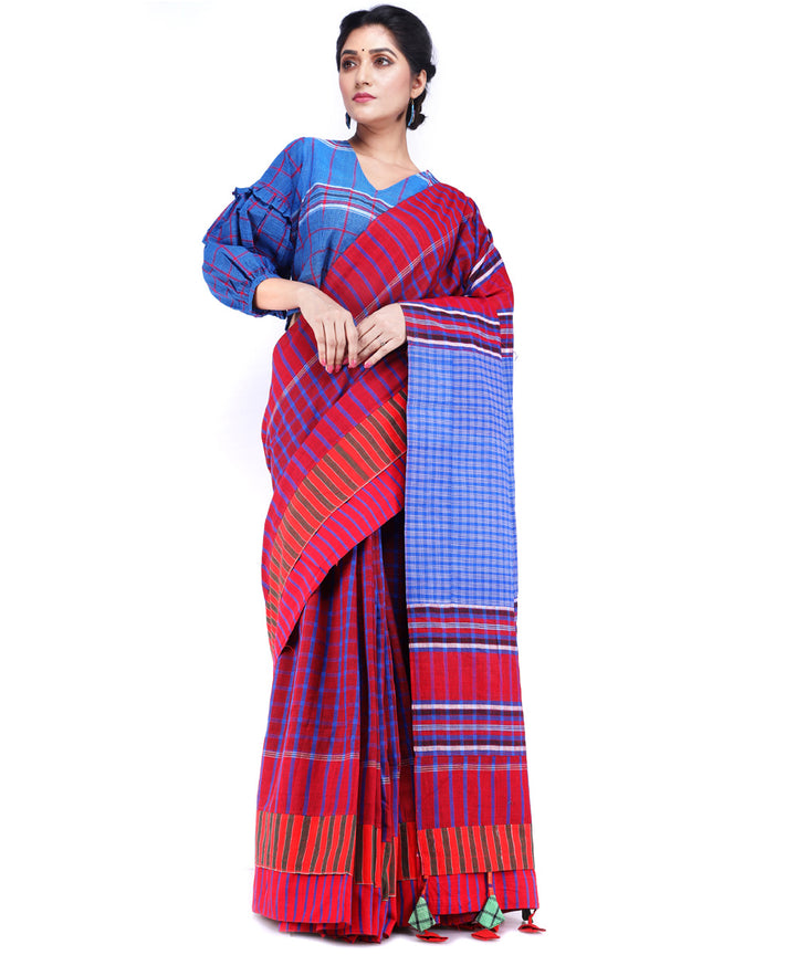 Maroon blue cotton handloom gamcha saree