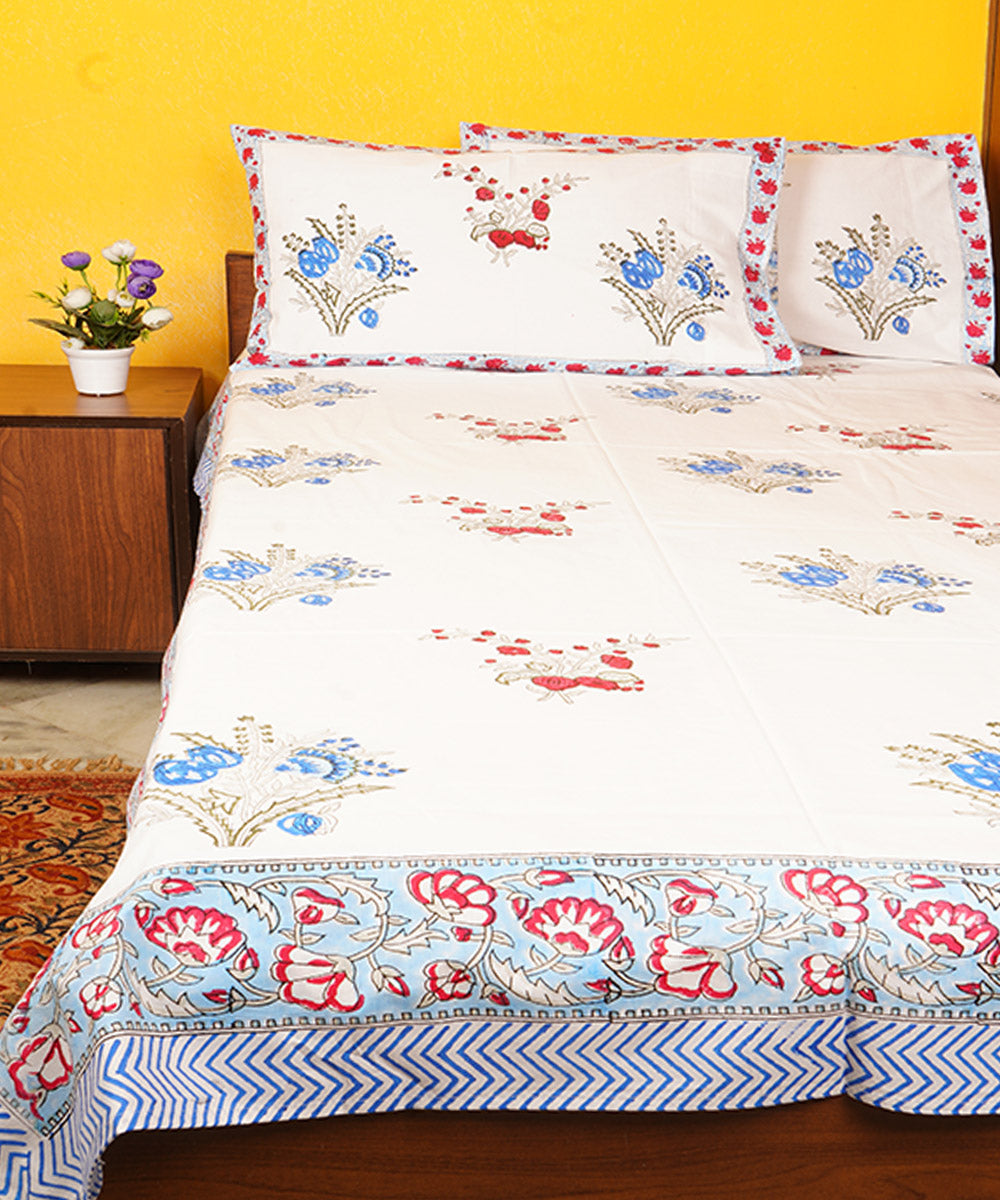 White sky blue cotton hand block printed double bedsheet