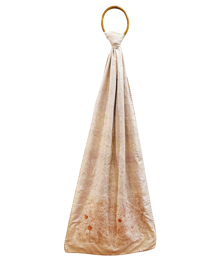 White handloom silk kantha stitch stole