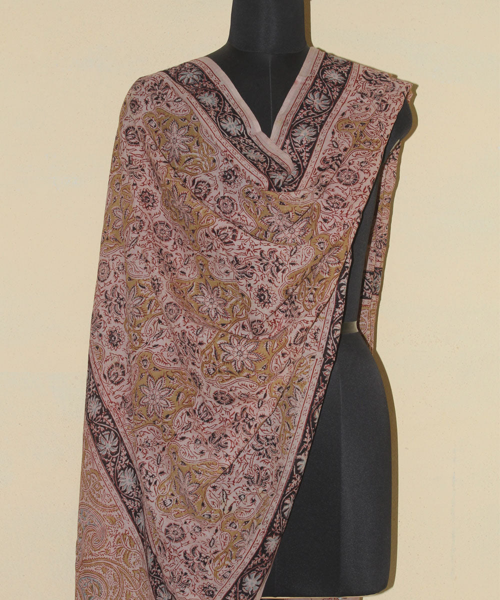 Beige brown hand printed cotton kalamkari dupatta