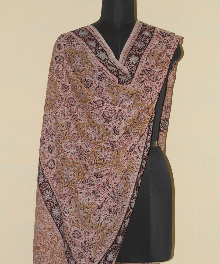 Beige brown hand printed cotton kalamkari dupatta