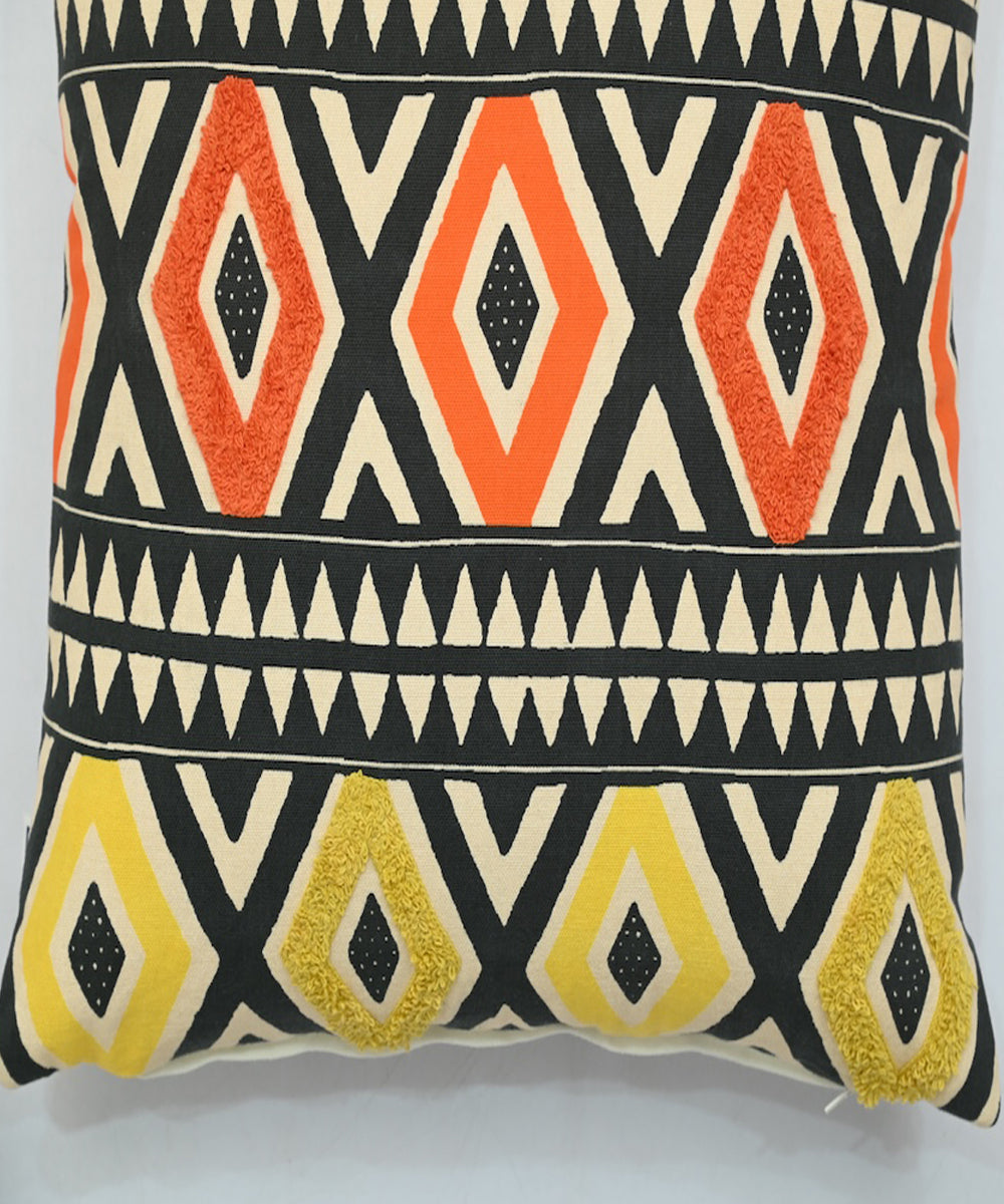 Multicolor black olive hand printed cotton cushion cover