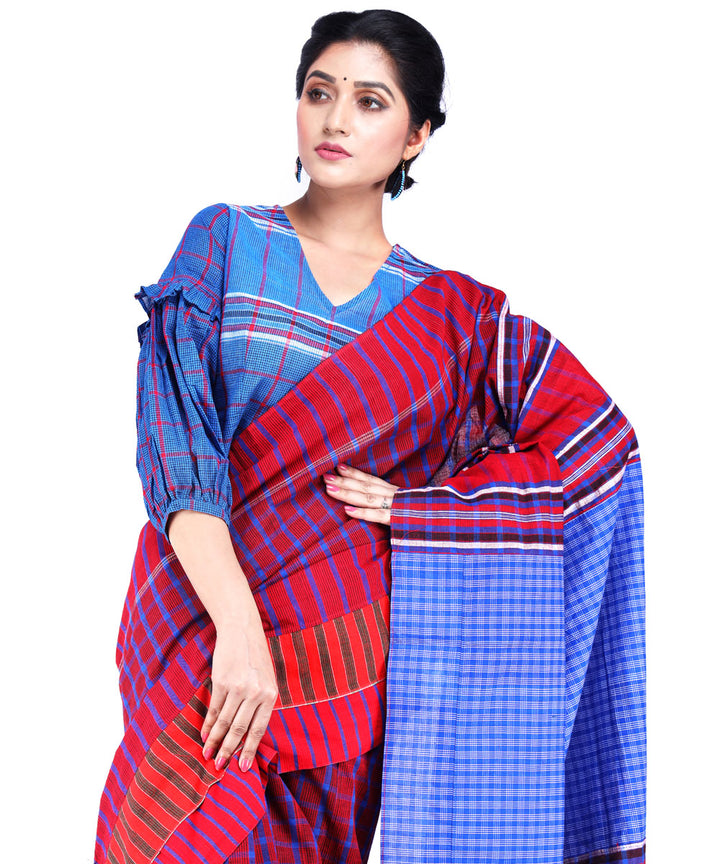 Maroon blue cotton handloom gamcha saree