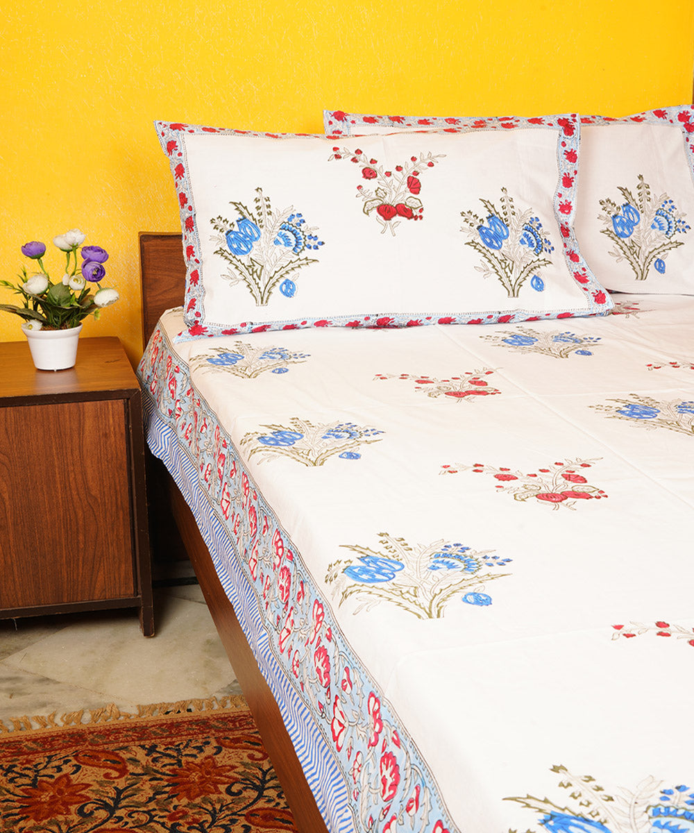 White sky blue cotton hand block printed double bedsheet
