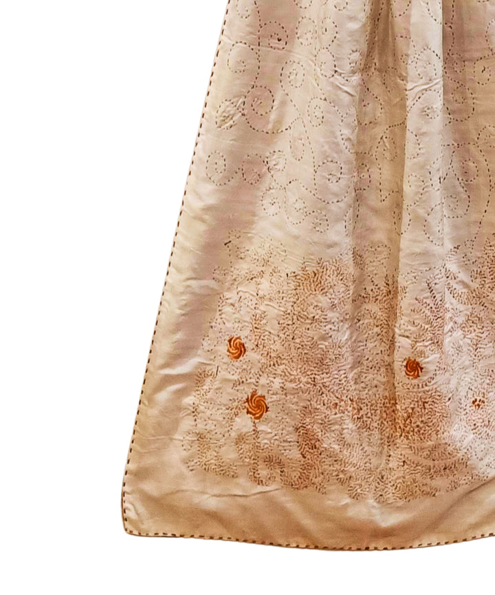 White handloom silk kantha stitch stole