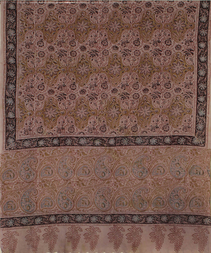 Beige brown hand printed cotton kalamkari dupatta