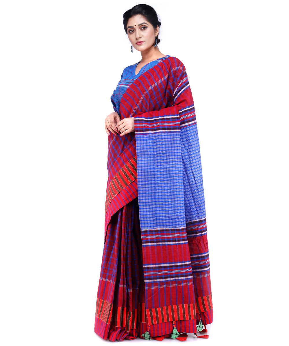 Maroon blue cotton handloom gamcha saree