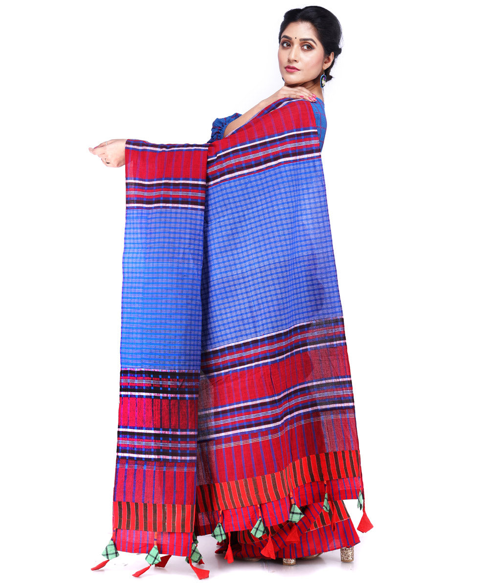 Maroon blue cotton handloom gamcha saree