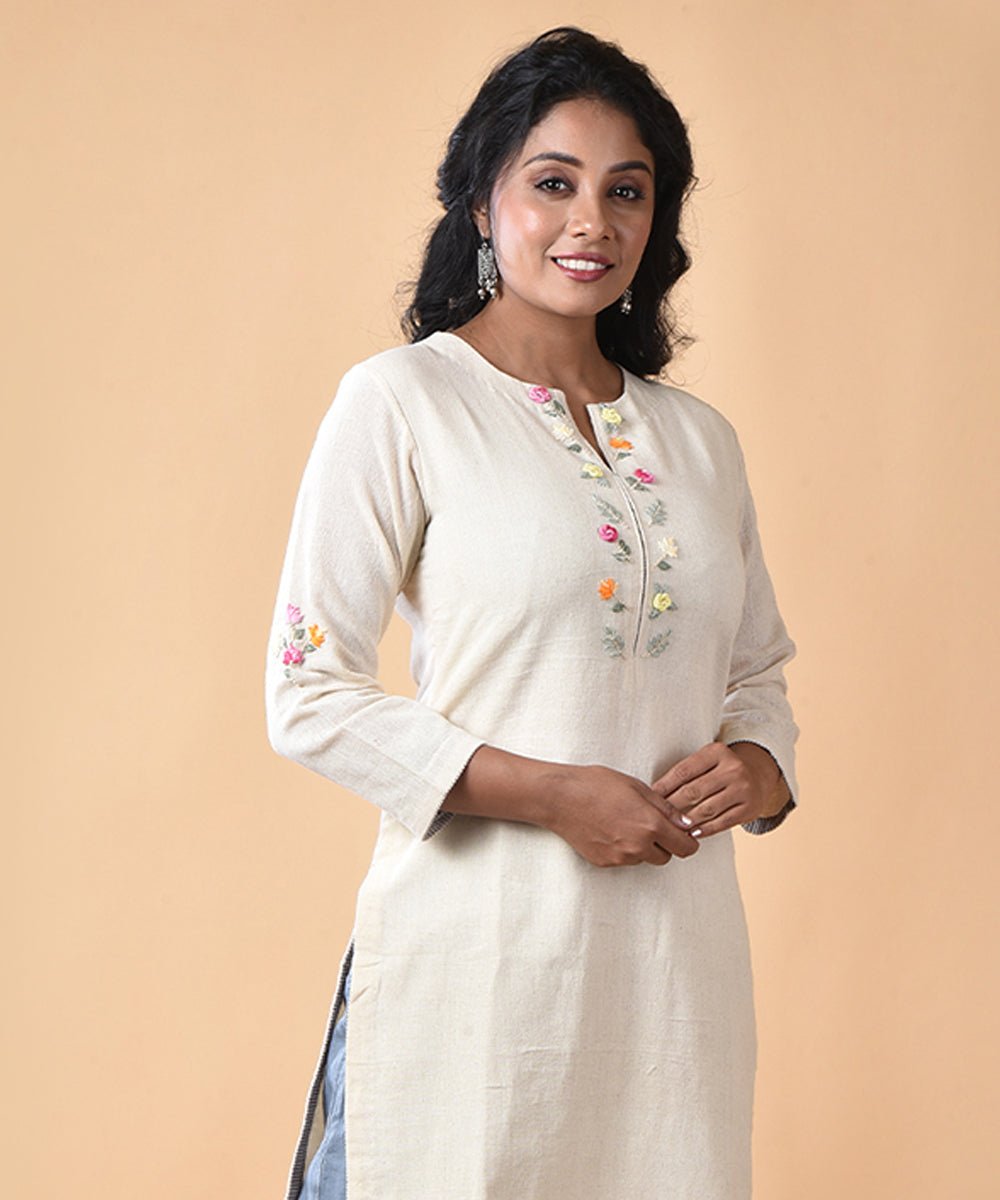 Cream handwoven cotton angrakha jamdani kurti