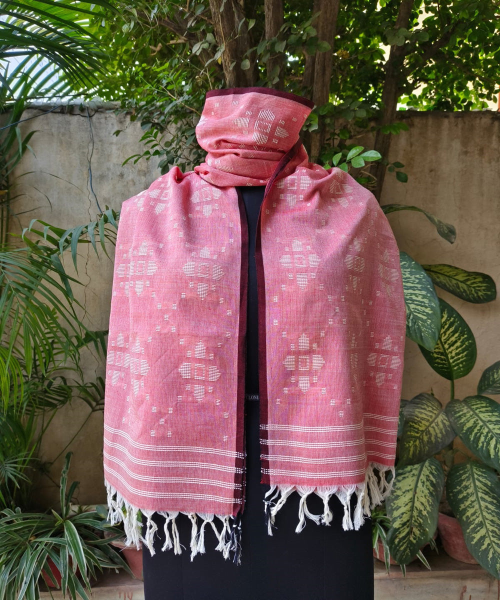 Pink kora handwoven extra weft cotton stole