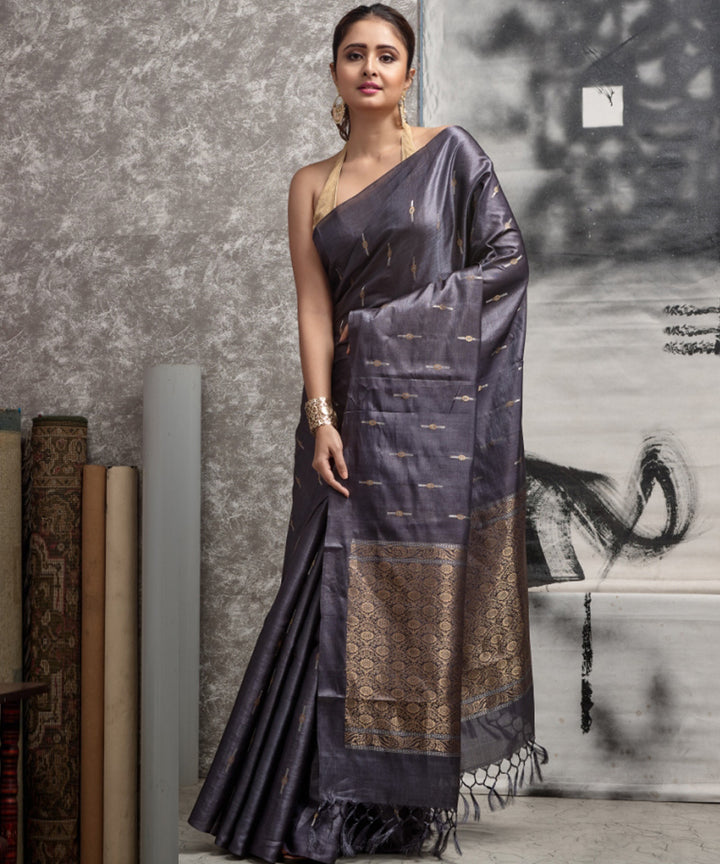 Grey blue handwoven chhatisgarh tussar silk saree