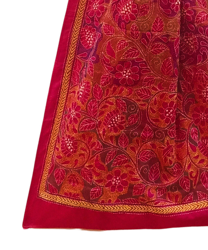 Red multicolor thread silk kantha stitch handwoven stole