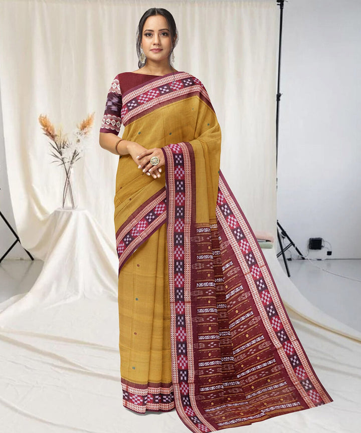 Goldenrod marron border cotton handwoven sambalpuri saree