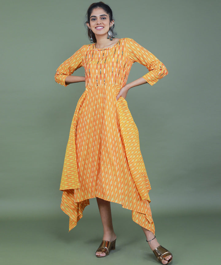 Yellow handcrafted pochampally ikat cotton dress