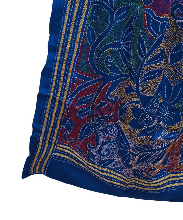 Royal blue hand embroidered silk kantha stitch stole