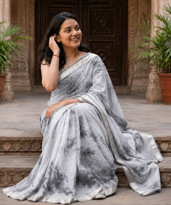 Grey chanderi cotton silk tie-dye saree